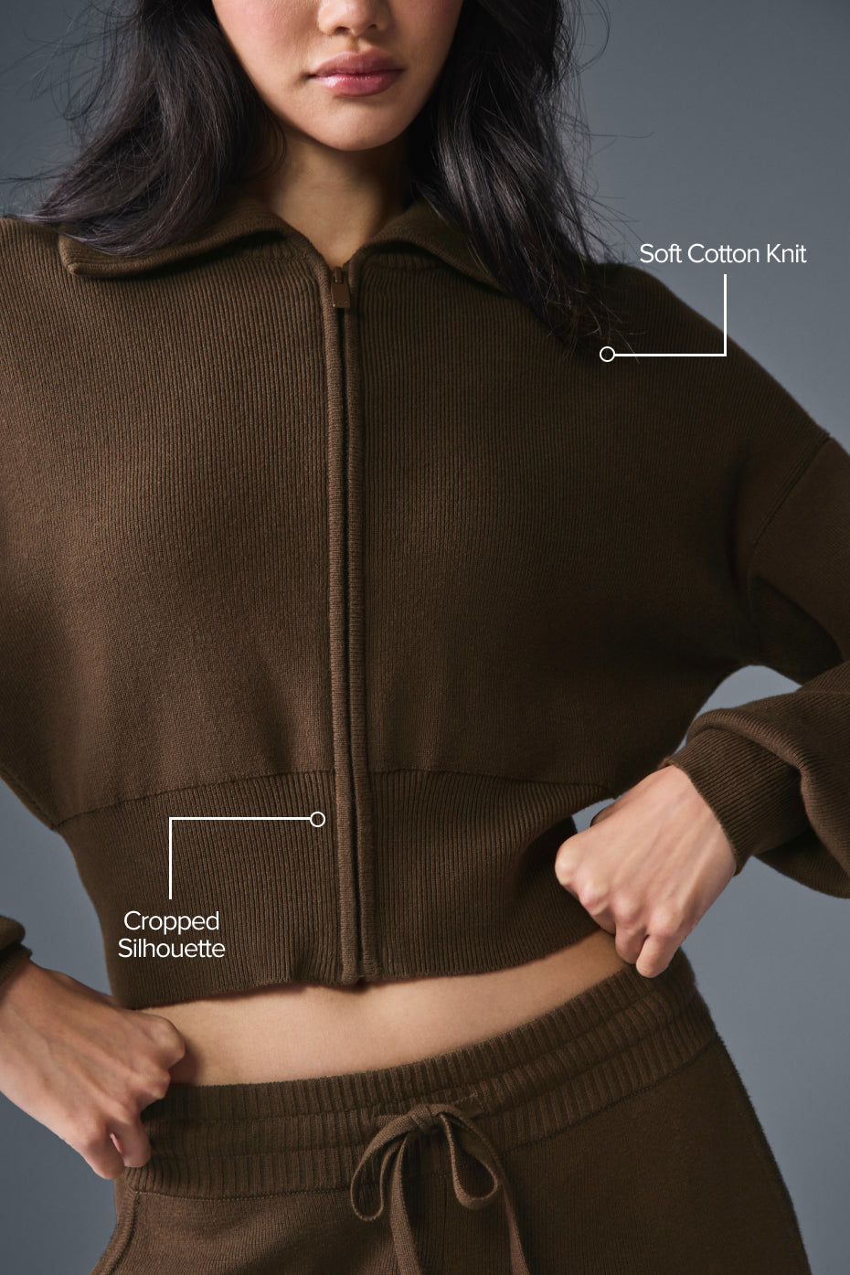 Scholar Knit Cropped Full Zip Jacket - Espresso - Image 2