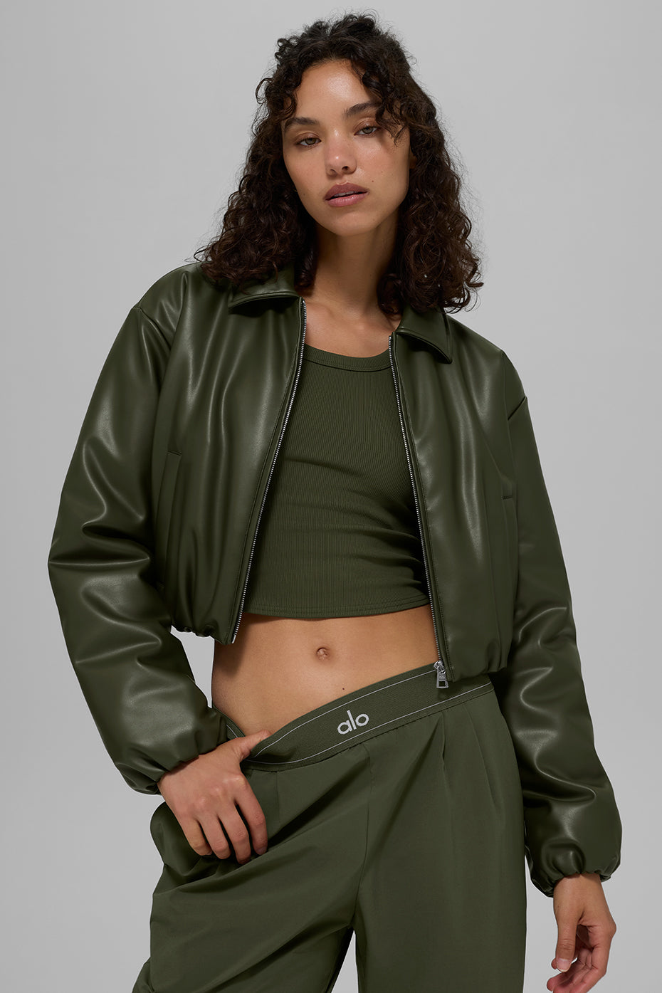 Faux Leather Cropped Premier Bomber - Green Olive - Image 2
