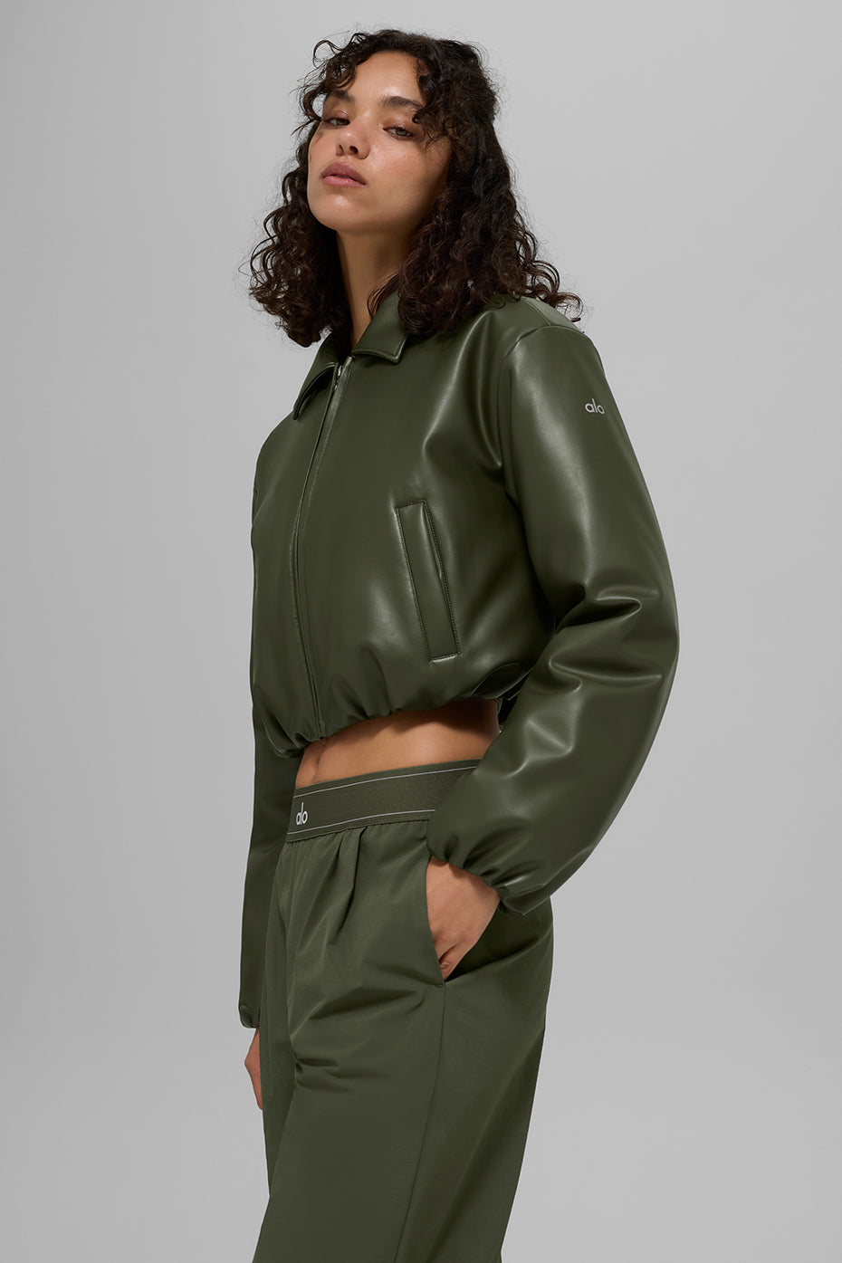Faux Leather Cropped Premier Bomber - Green Olive - Image 5