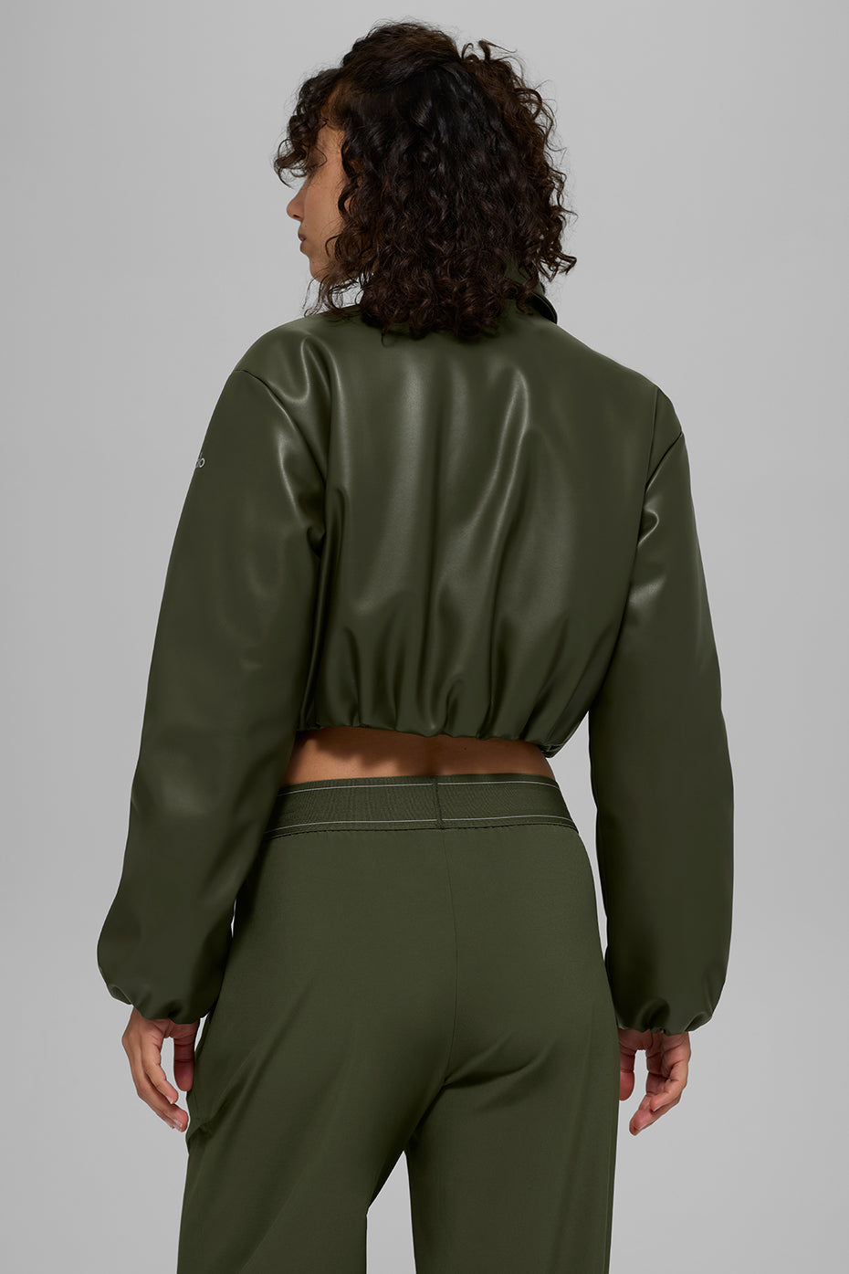 Faux Leather Cropped Premier Bomber - Green Olive - Image 4