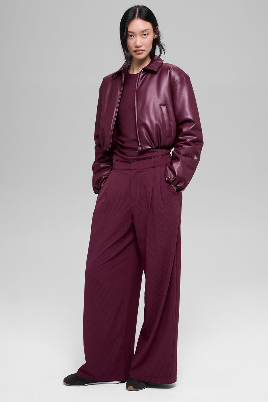 Faux Leather Cropped Premier Bomber - Burgundy - Image 6