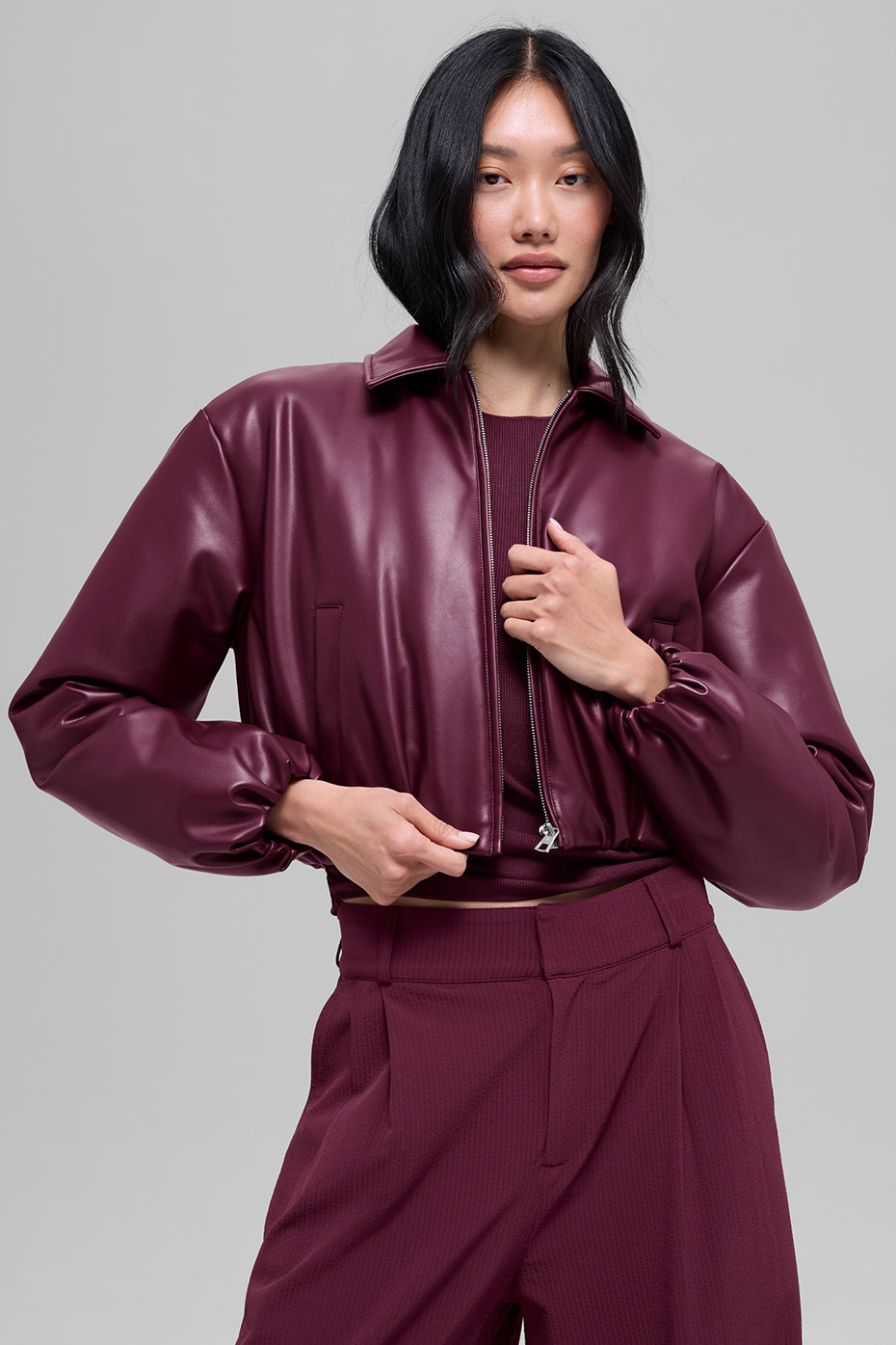 Faux Leather Cropped Premier Bomber - Burgundy - Image 4
