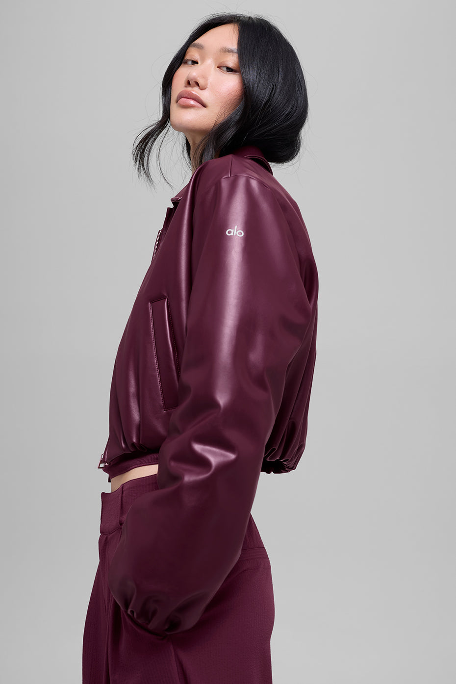 Faux Leather Cropped Premier Bomber - Burgundy - Image 5