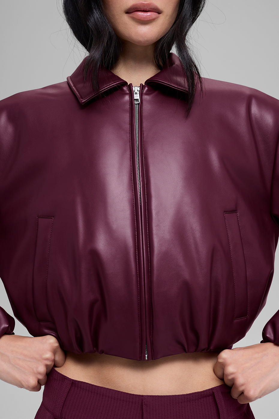 Faux Leather Cropped Premier Bomber - Burgundy - Image 2