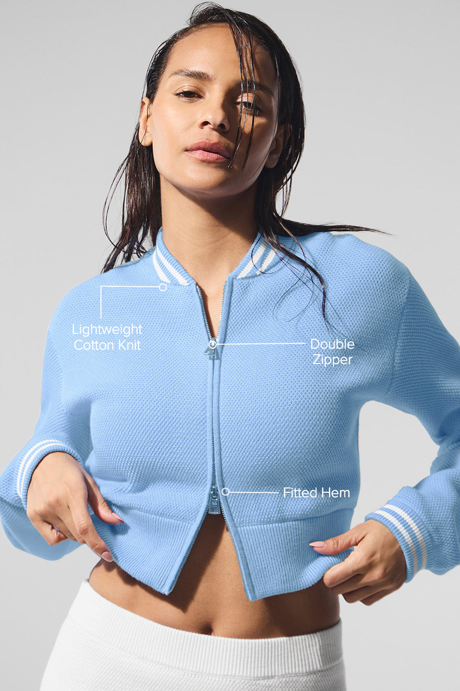 Tennis Club Sweater Knit Full Zip Jacket - Seashell Blue/White - Image 2