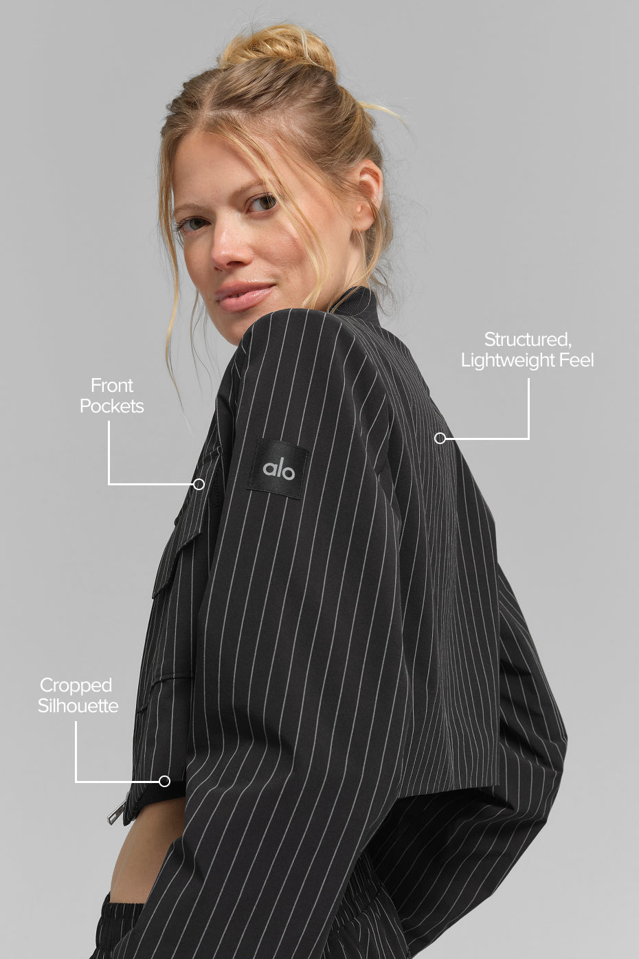 Cropped Pinstripe Main Character Full Zip Jacket - Black/Titanium - Image 2