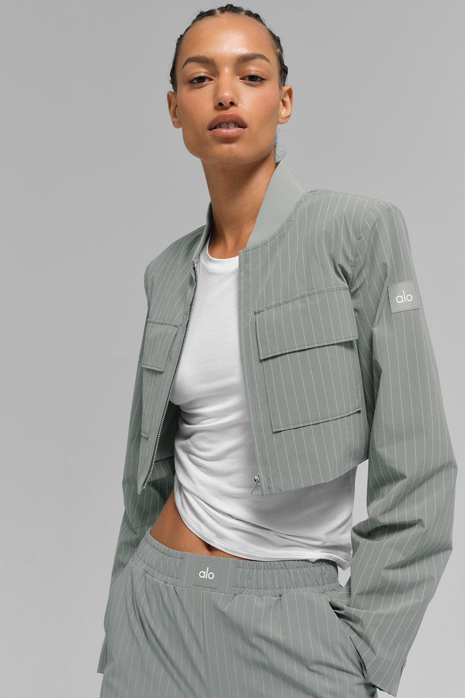 Cropped Pinstripe Main Character Full Zip Jacket - Lunar Grey/White - Image 3