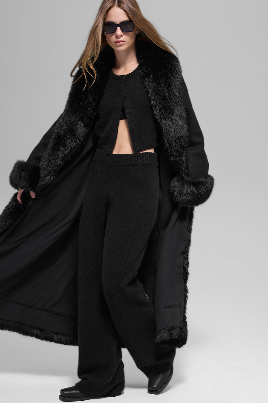 Faux Fur Trimmed Longline Coat - Black - Image 5