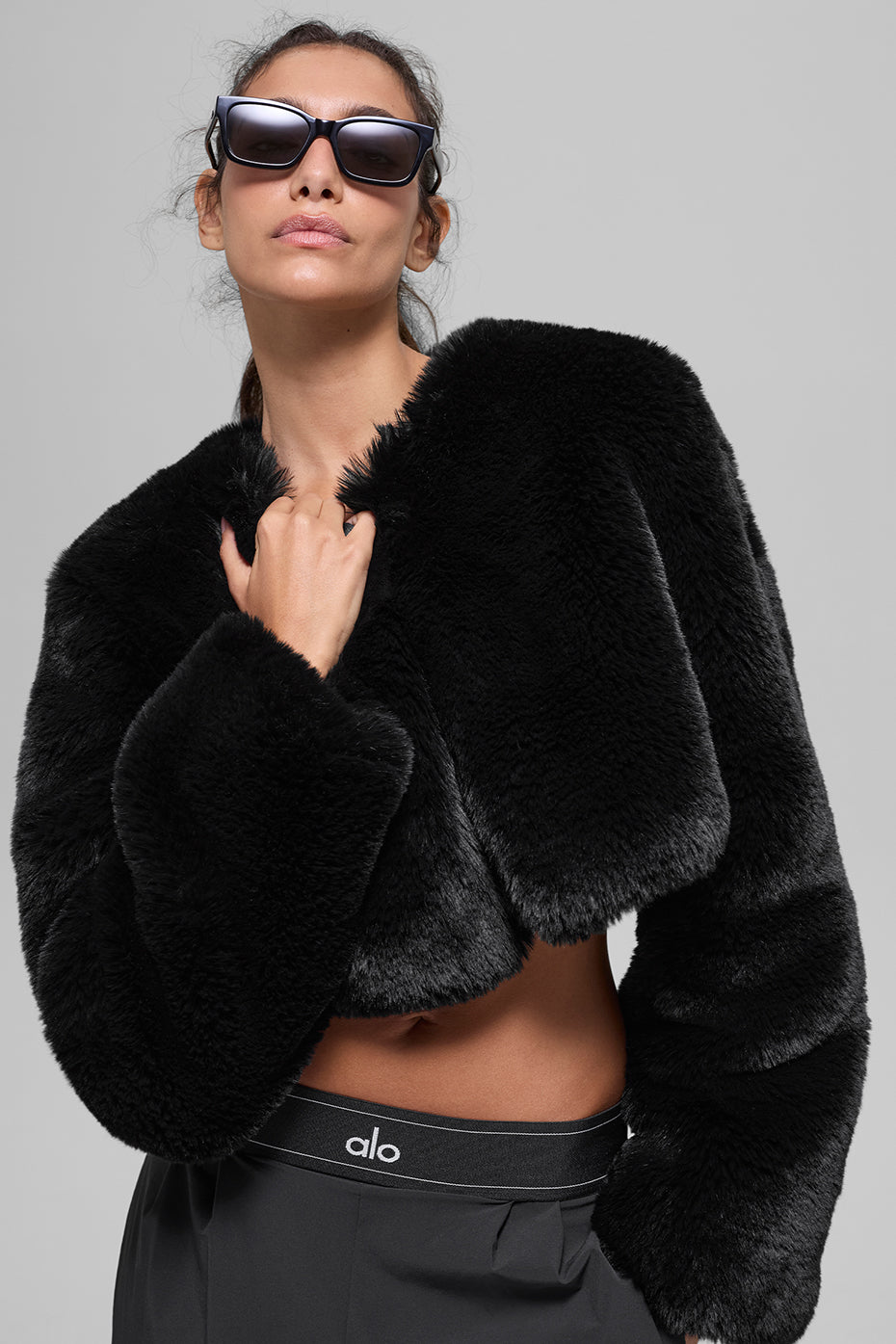 Faux Fur Chic Cropped Jacket - Black - Image 3