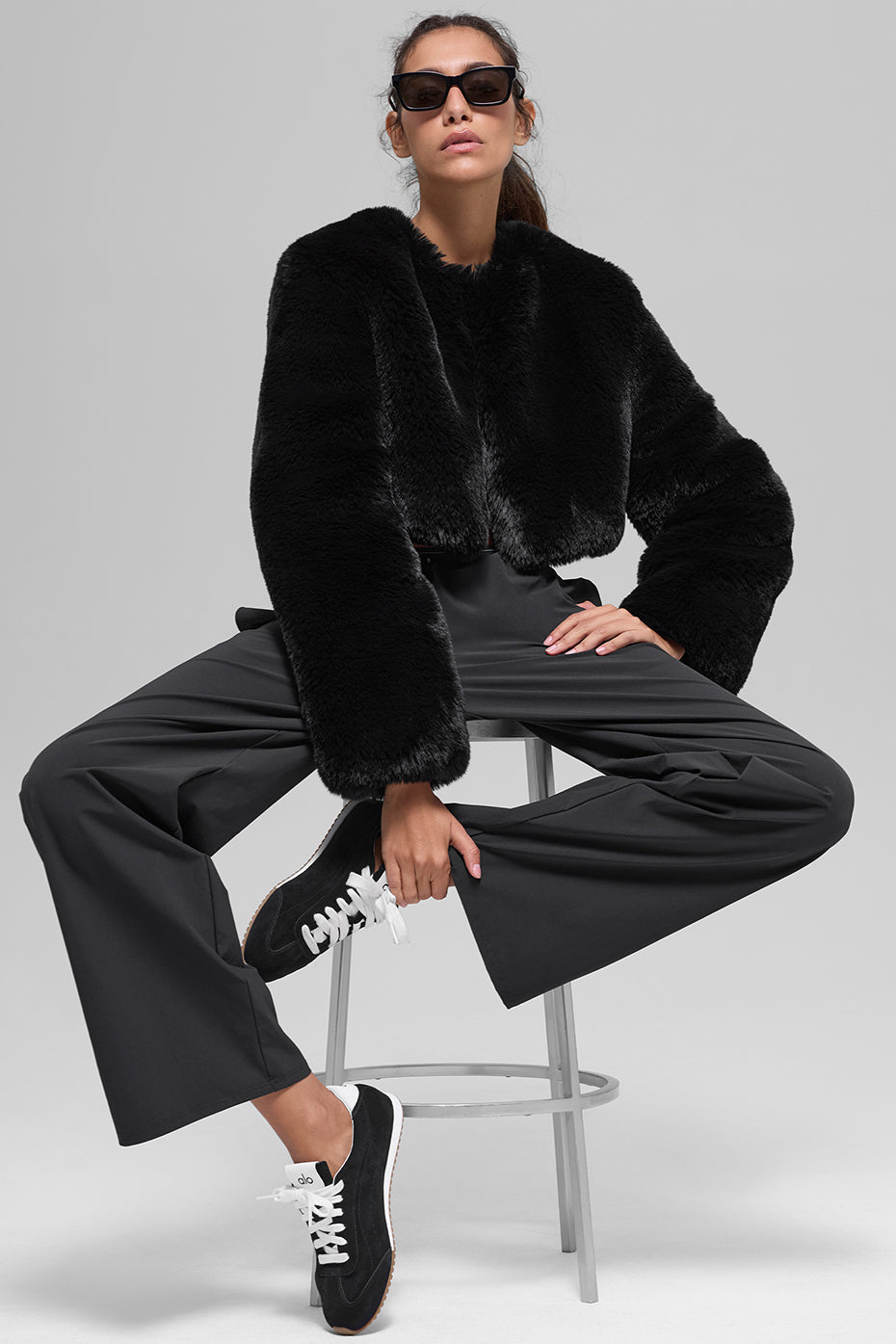 Faux Fur Chic Cropped Jacket - Black - Image 5