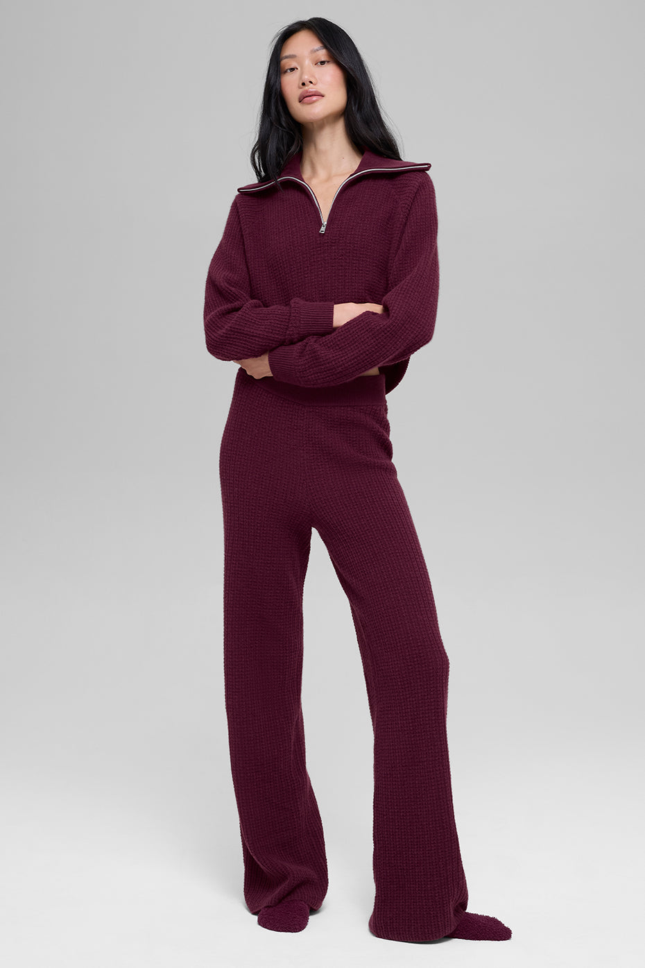 Cashmere High-Waist Plush Waffle Pant - Burgundy - Image 5