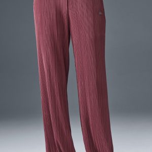 High-Waist Micro Plisse Straight Leg Pant - Burgundy Truffle