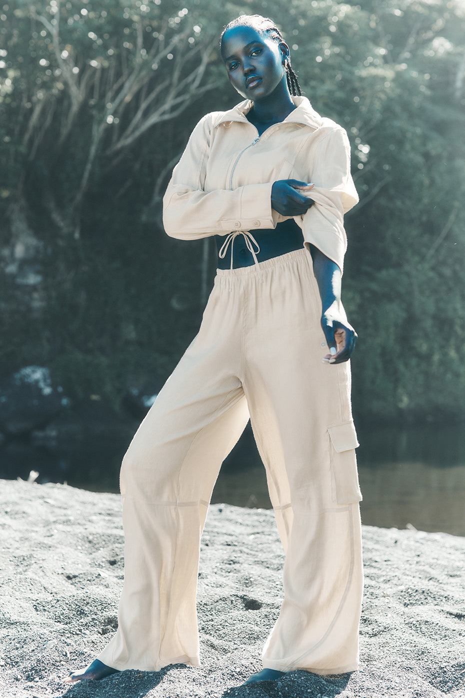 Linen Getaway Cargo Wide Leg Pant - Macadamia