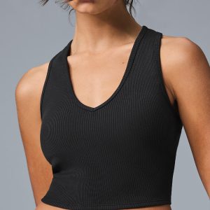 Goddess Ribbed Cropped Racerback Tank - Black