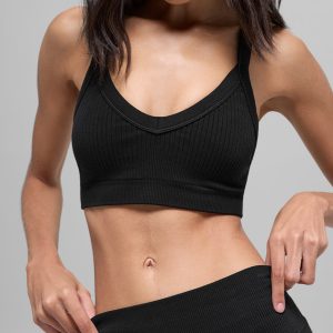 Seamless Two Tone Rib Bra - Black